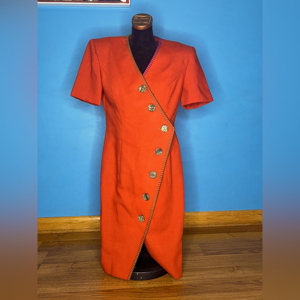 1990s vintage Beau David asymmetrical buttoned linen blend dress